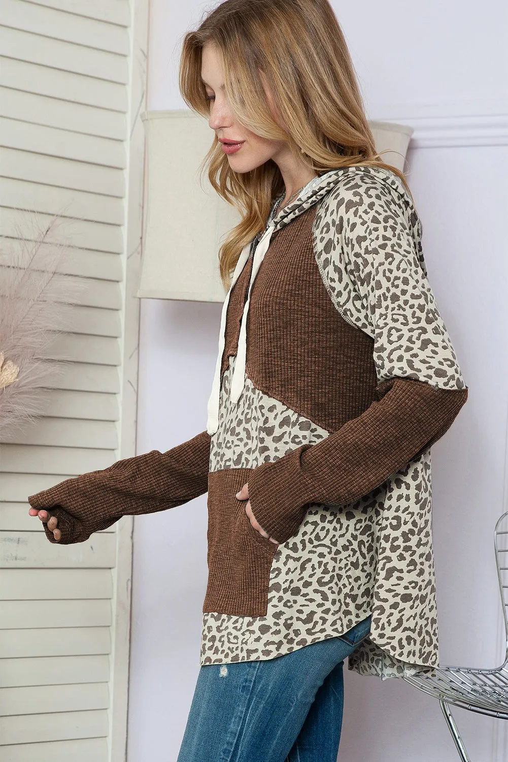 Leopard Ribbed Patchwork Kangaroo Pocket Henley Hoodie