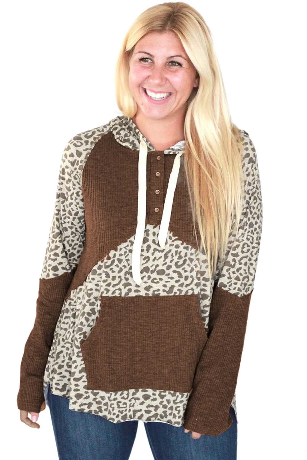 Leopard Ribbed Patchwork Kangaroo Pocket Henley Hoodie