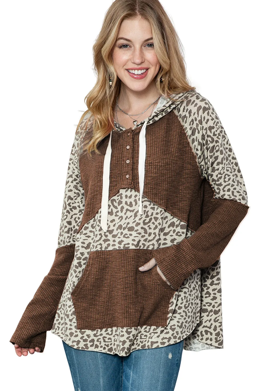 Leopard Ribbed Patchwork Kangaroo Pocket Henley Hoodie