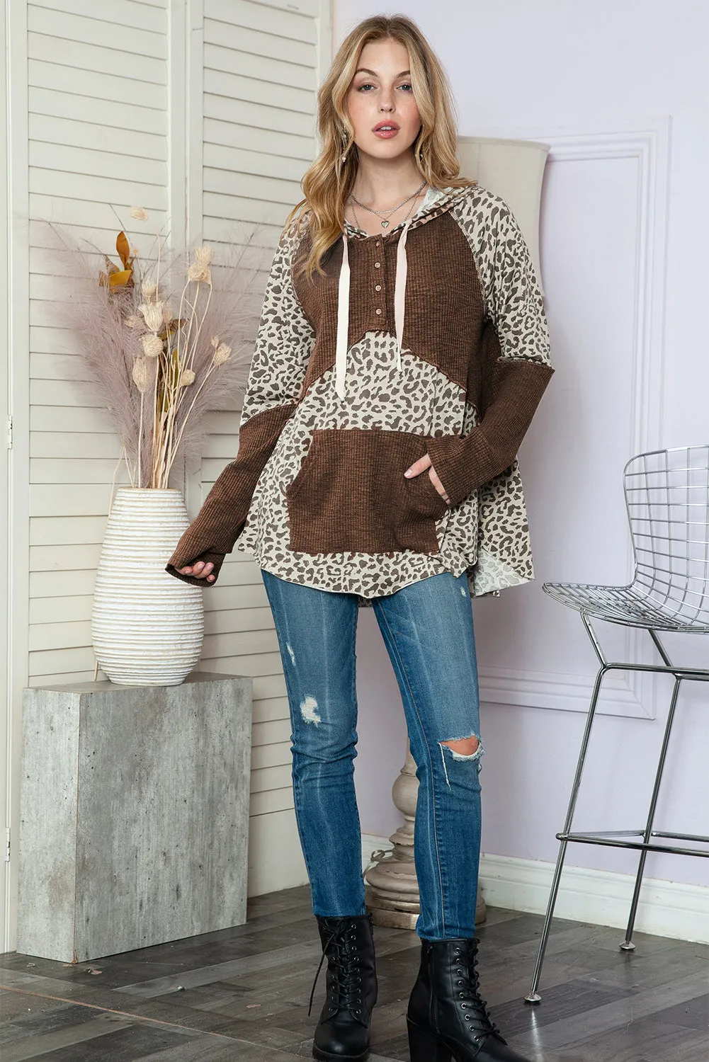 Leopard Ribbed Patchwork Kangaroo Pocket Henley Hoodie