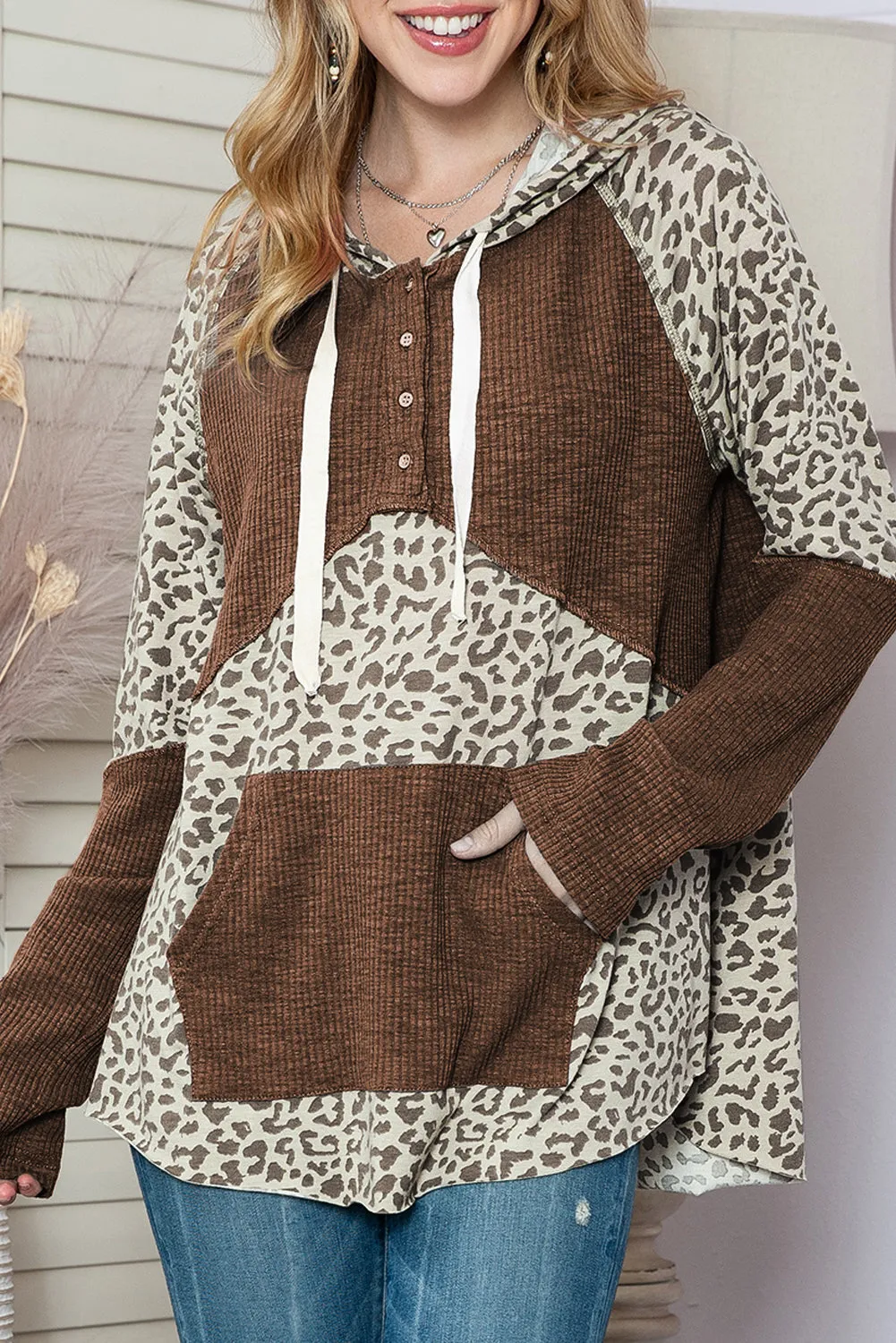 Leopard Ribbed Patchwork Kangaroo Pocket Henley Hoodie