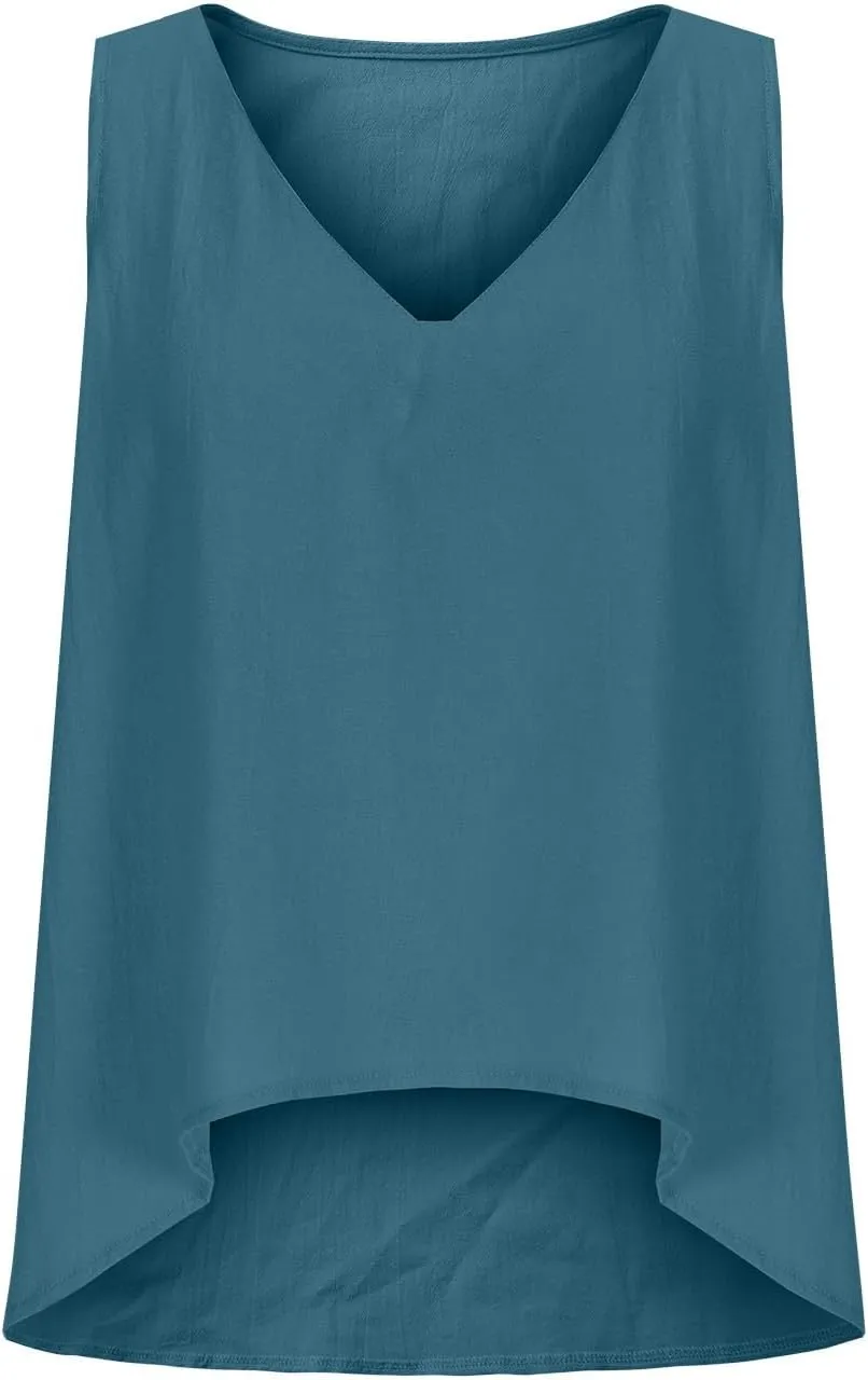 Linen Shirt for Women 2025 Fashion Vintage V Neck Sleeveless Tank Tops Summer Solid Loose Boho Beach Vacation Blouse