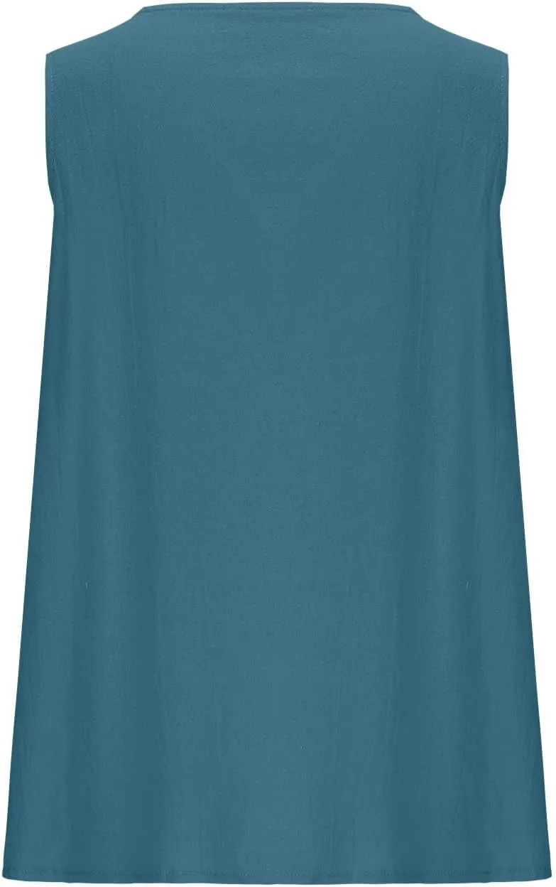 Linen Shirt for Women 2025 Fashion Vintage V Neck Sleeveless Tank Tops Summer Solid Loose Boho Beach Vacation Blouse