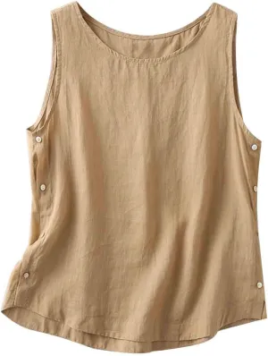 Linen Tank Women Trendy Sleeveless Round Neck Summer Cotton Shirts Side Slits Loose Solid Color Summer 2025 Tank