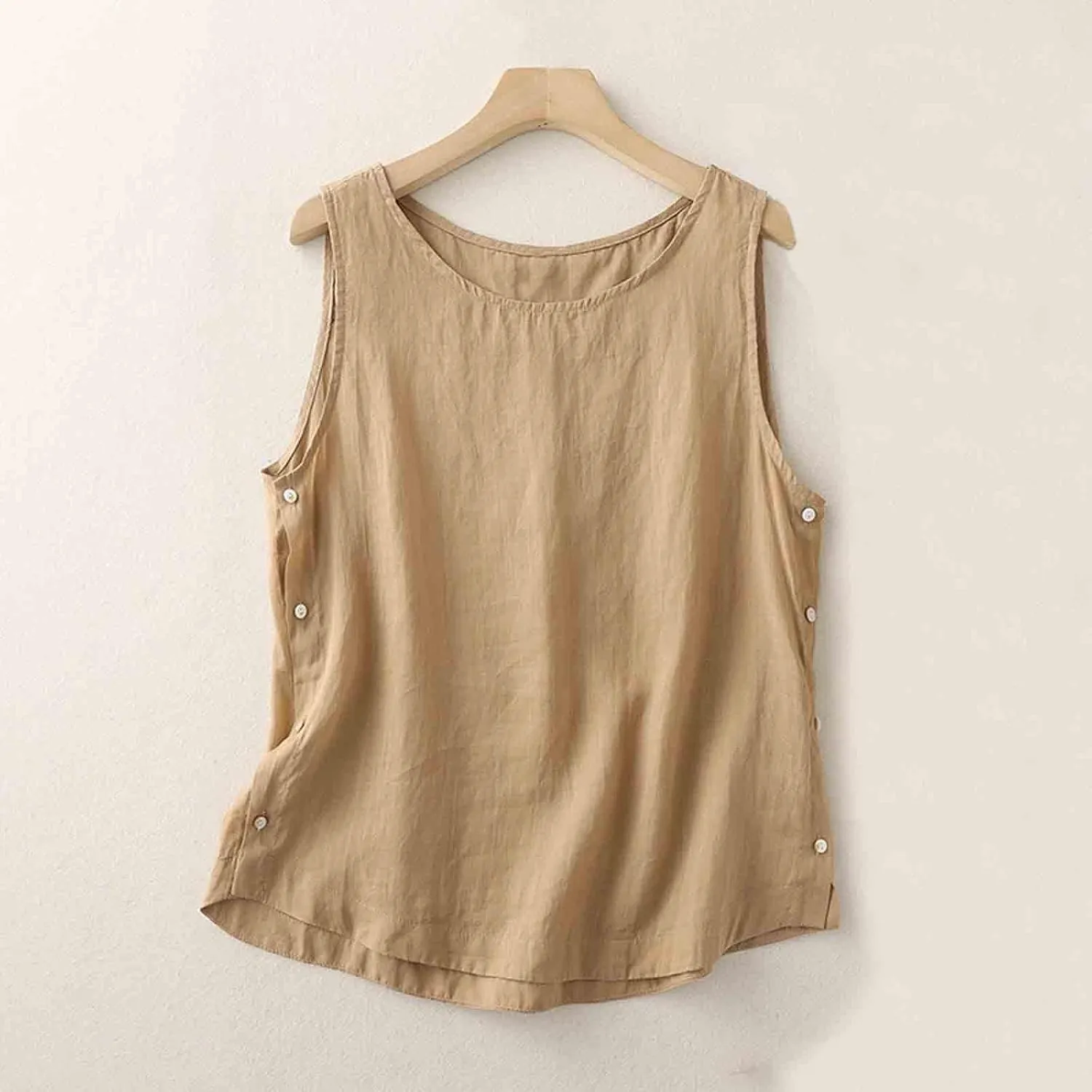 Linen Tank Women Trendy Sleeveless Round Neck Summer Cotton Shirts Side Slits Loose Solid Color Summer 2025 Tank