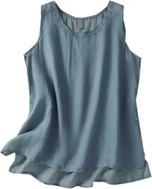 Linen Tank Women Trendy Sleeveless Round Neck Summer Cotton Shirts Side Slits Loose Solid Color Summer 2025 Tank