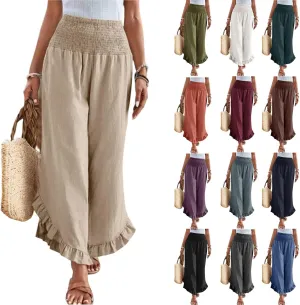 Linen Wide Leg Pants for Women 2025 Stretch Smocked High Waisted Ruffle Hem Palazzo Pants Summer Casual Beach Pant