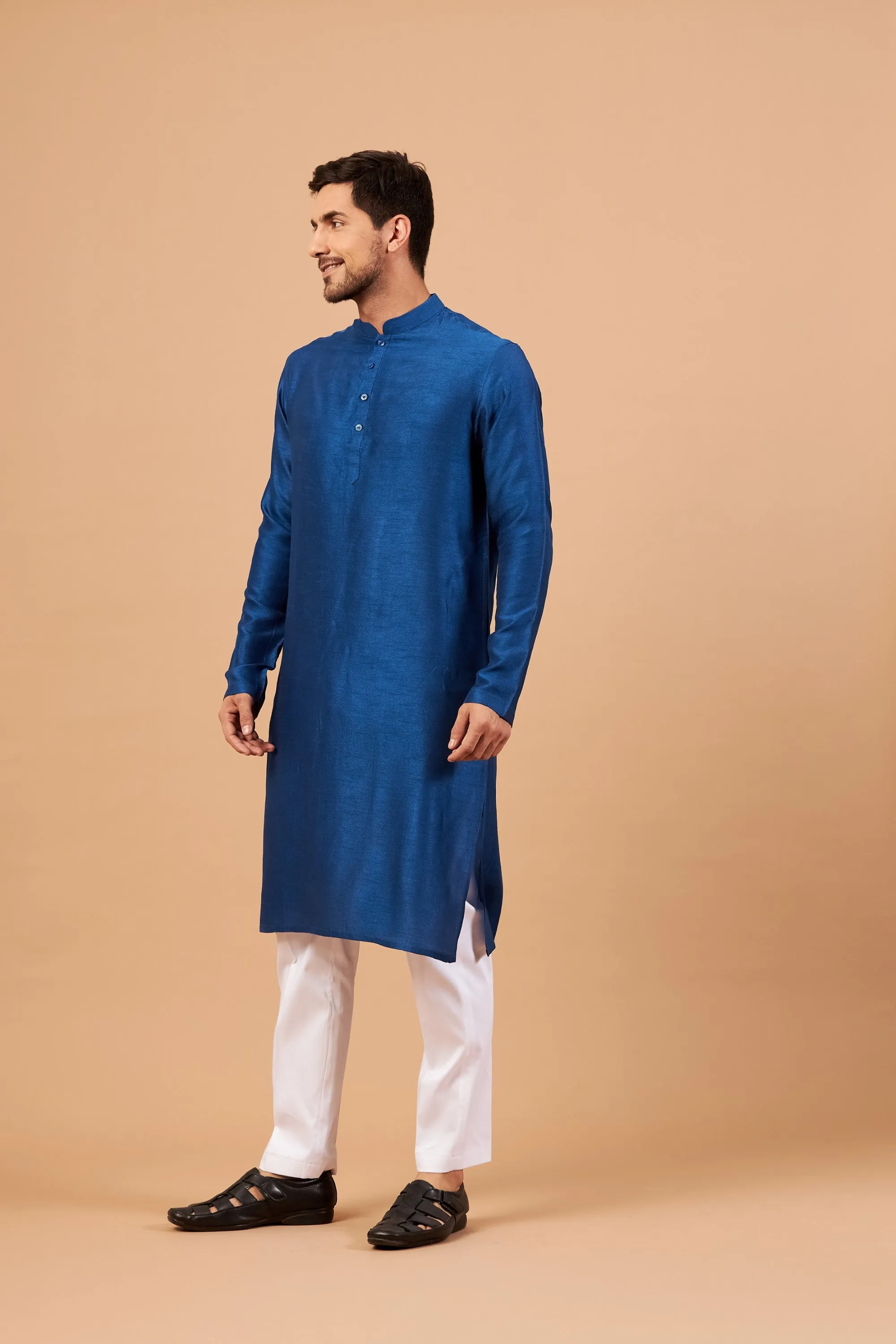 Men's Blue Plain Kurta With Crop Pants - Hilo Design