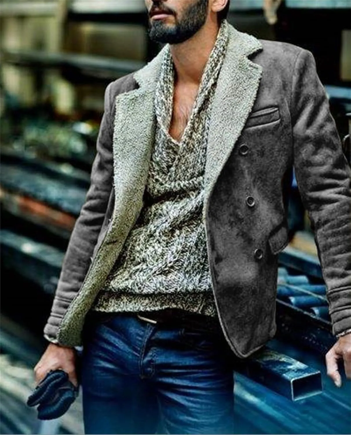 Men's Faux Suede Jacket Sherpa Fleece Lined Sheepskin Bomber Jacket Crop Warm Winter Trench Coat with Fur Collar
