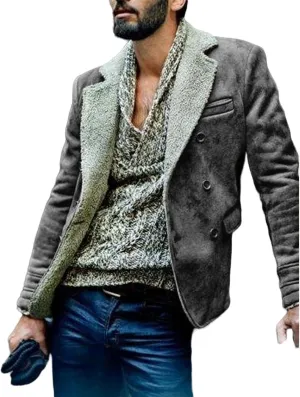 Men's Faux Suede Jacket Sherpa Fleece Lined Sheepskin Bomber Jacket Crop Warm Winter Trench Coat with Fur Collar