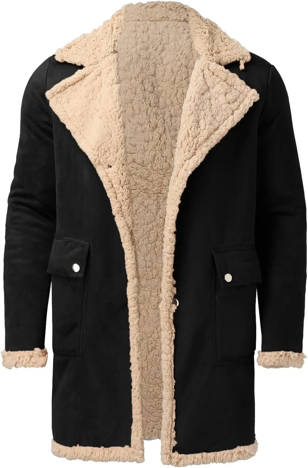 Mens Shearling Faux Leather Jacket Lapel Collar Long Jacket with Pocket Haevyweight Winter Jacket Big & Tall Overcoat