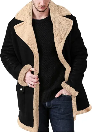 Mens Shearling Faux Leather Jacket Lapel Collar Long Jacket with Pocket Haevyweight Winter Jacket Big & Tall Overcoat