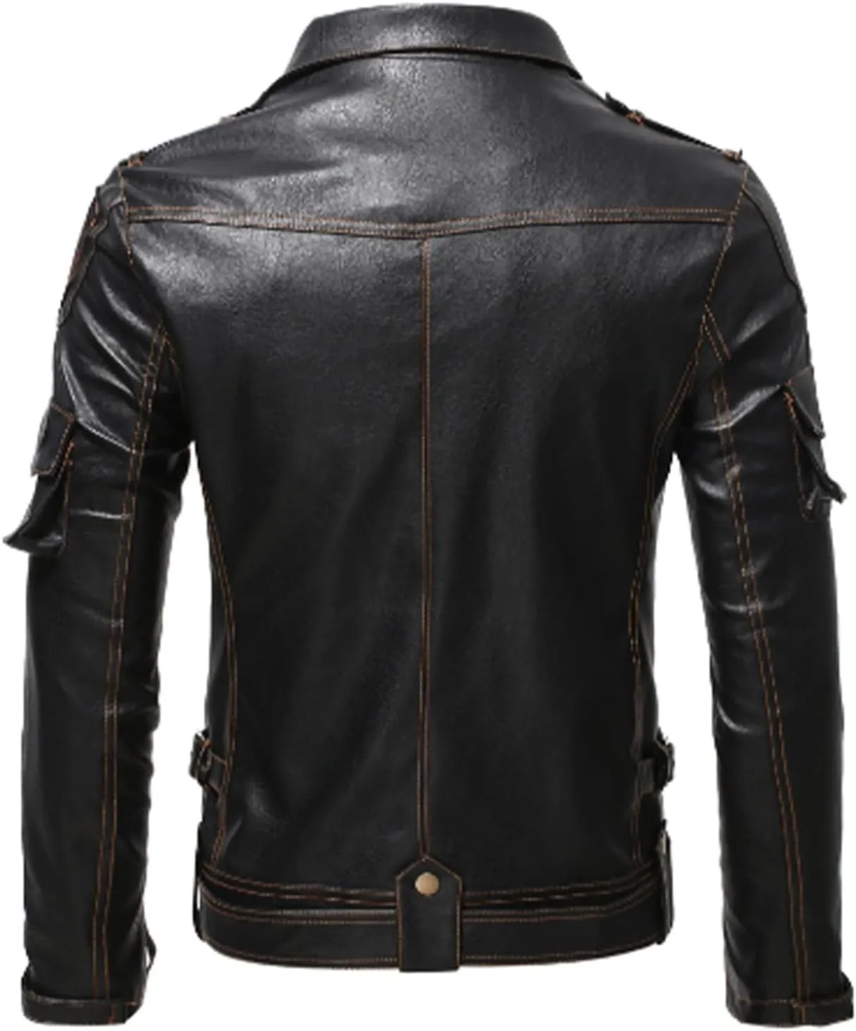 Mens Vintage Motorcycle Jacket Distressed Biker PU Leather Jacket Lapel Collar Full Zip Windbreaker Outerwear Coat