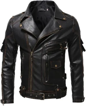 Mens Vintage Motorcycle Jacket Distressed Biker PU Leather Jacket Lapel Collar Full Zip Windbreaker Outerwear Coat