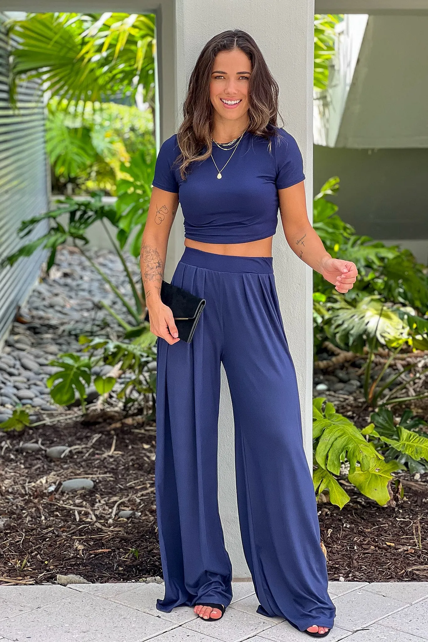 Navy Crop Top And Pants Set