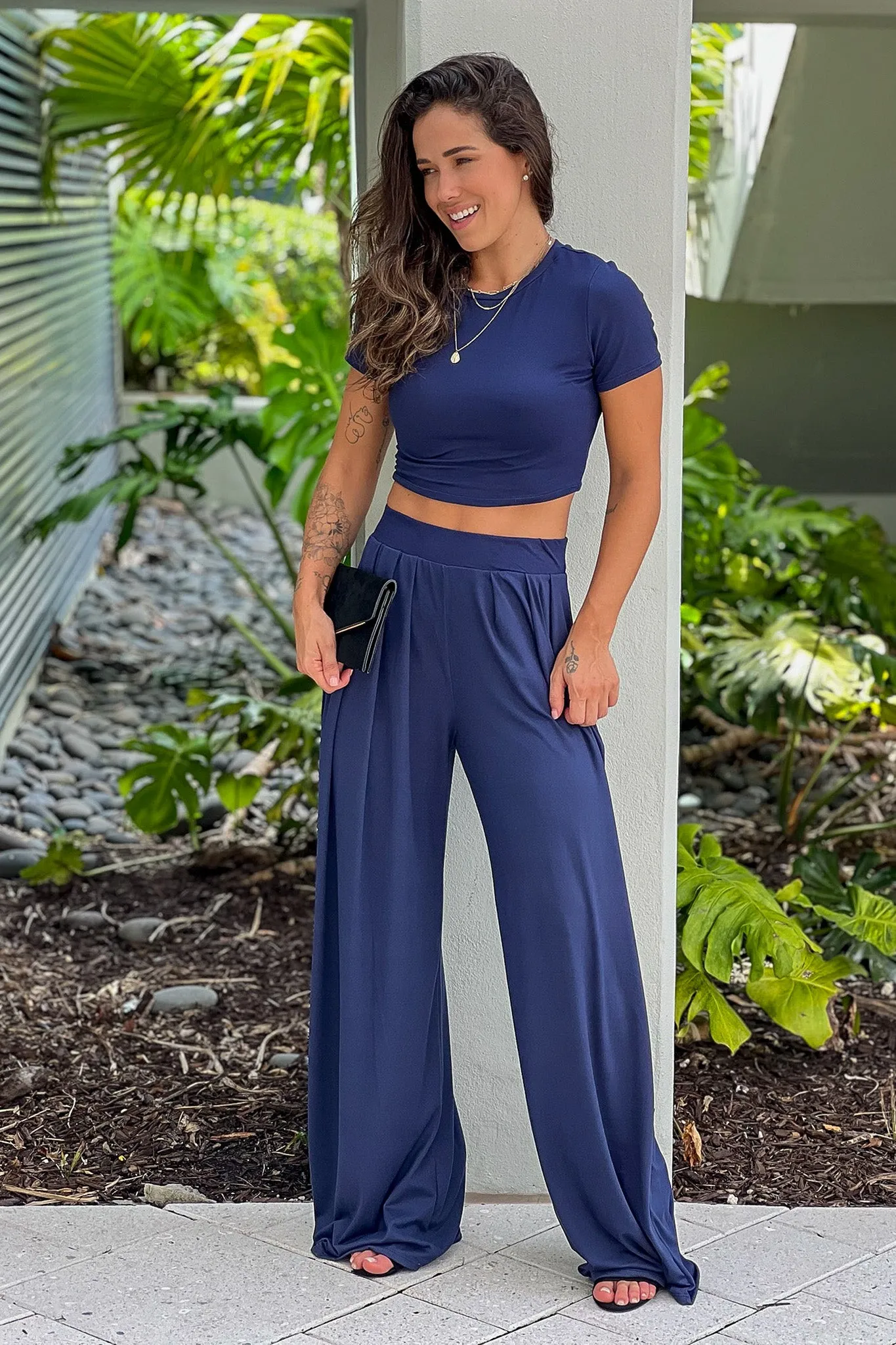 Navy Crop Top And Pants Set