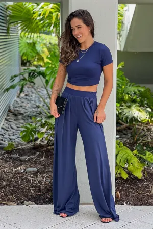 Navy Crop Top And Pants Set