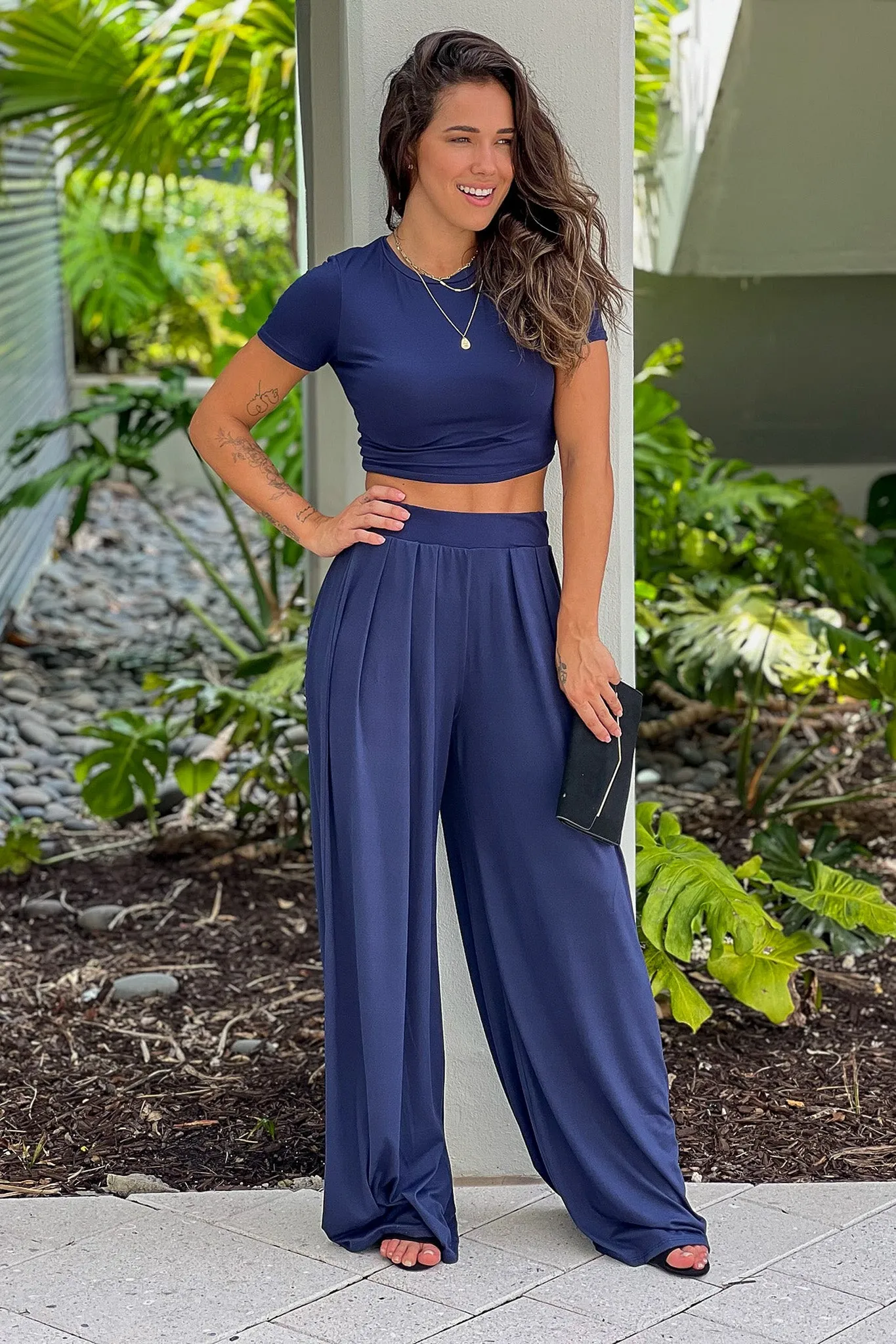 Navy Crop Top And Pants Set