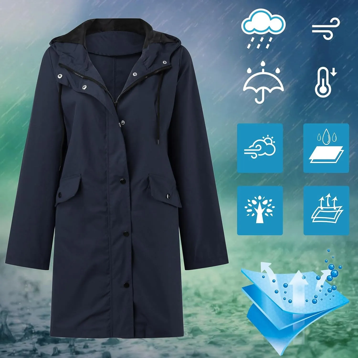 Rain Jacket Womens Waterproof with Hood, Long Rain Coat Windproof Windbreaker Outdoor Rain Trench Coat S-3XL
