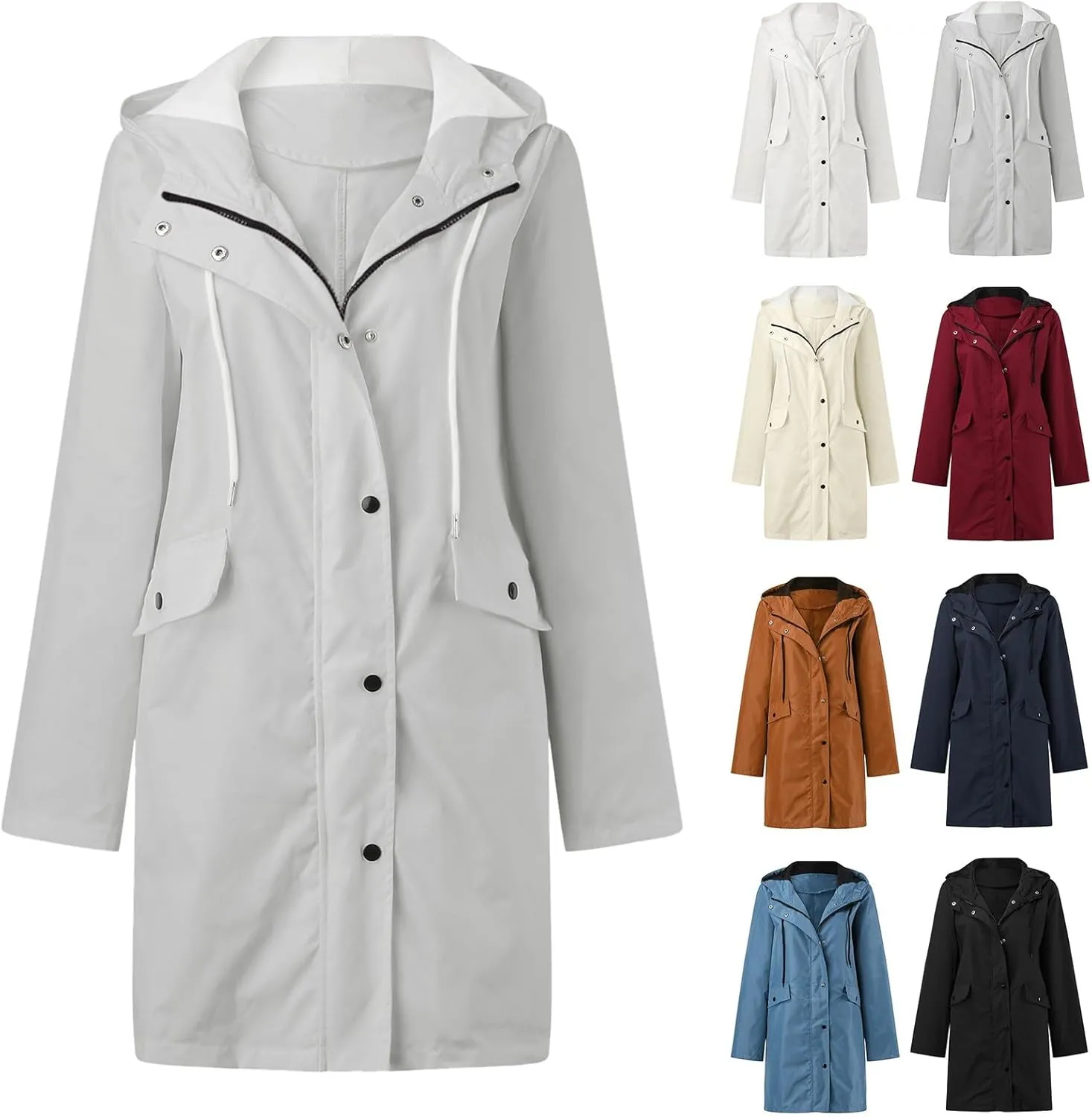 Rain Jacket Womens Waterproof with Hood, Long Rain Coat Windproof Windbreaker Outdoor Rain Trench Coat S-3XL