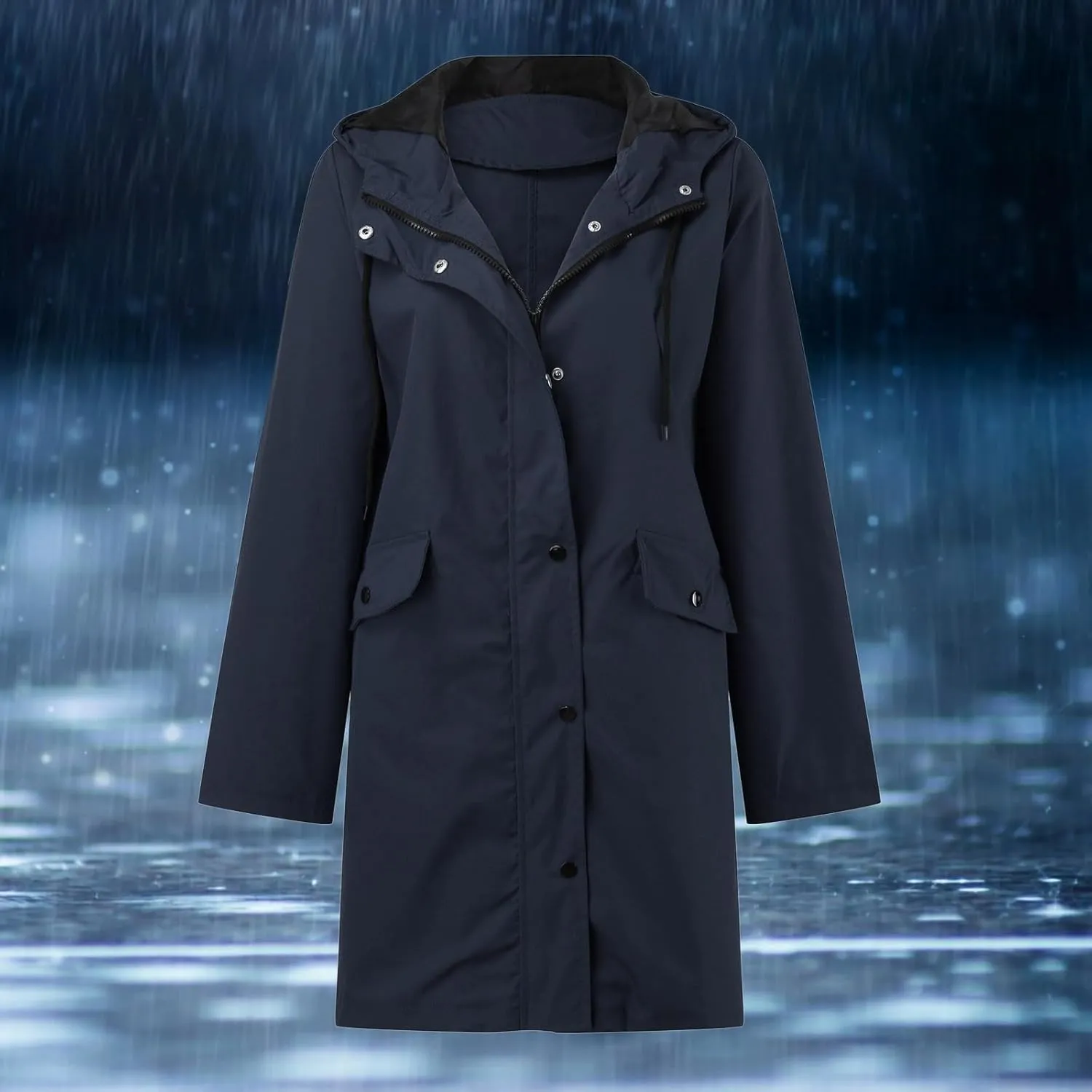Rain Jacket Womens Waterproof with Hood, Long Rain Coat Windproof Windbreaker Outdoor Rain Trench Coat S-3XL