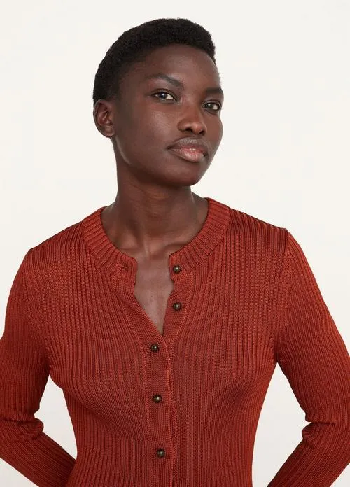 Ribbed Henley Cardigan in Cinnamon