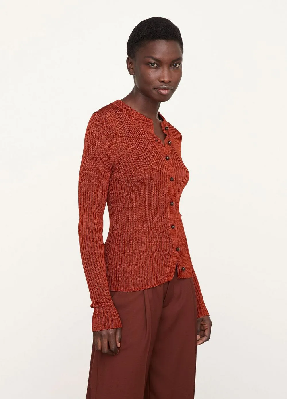 Ribbed Henley Cardigan in Cinnamon