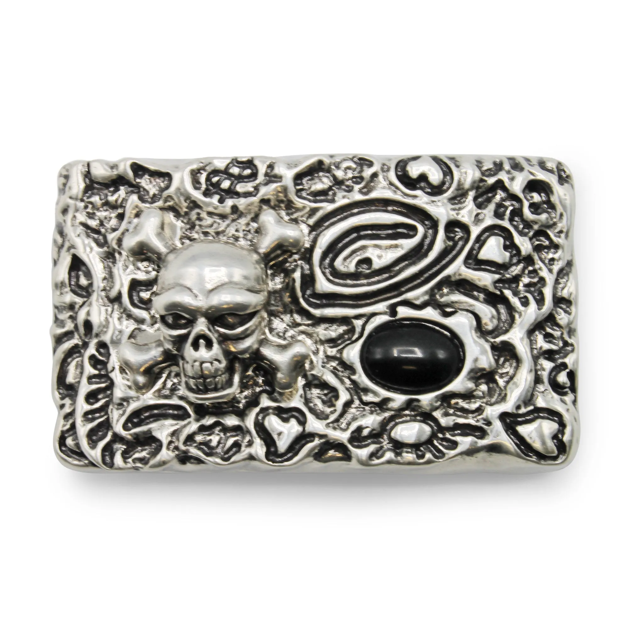 Skull And Crossbones Plate Style Buckle With Black Stone 40mm