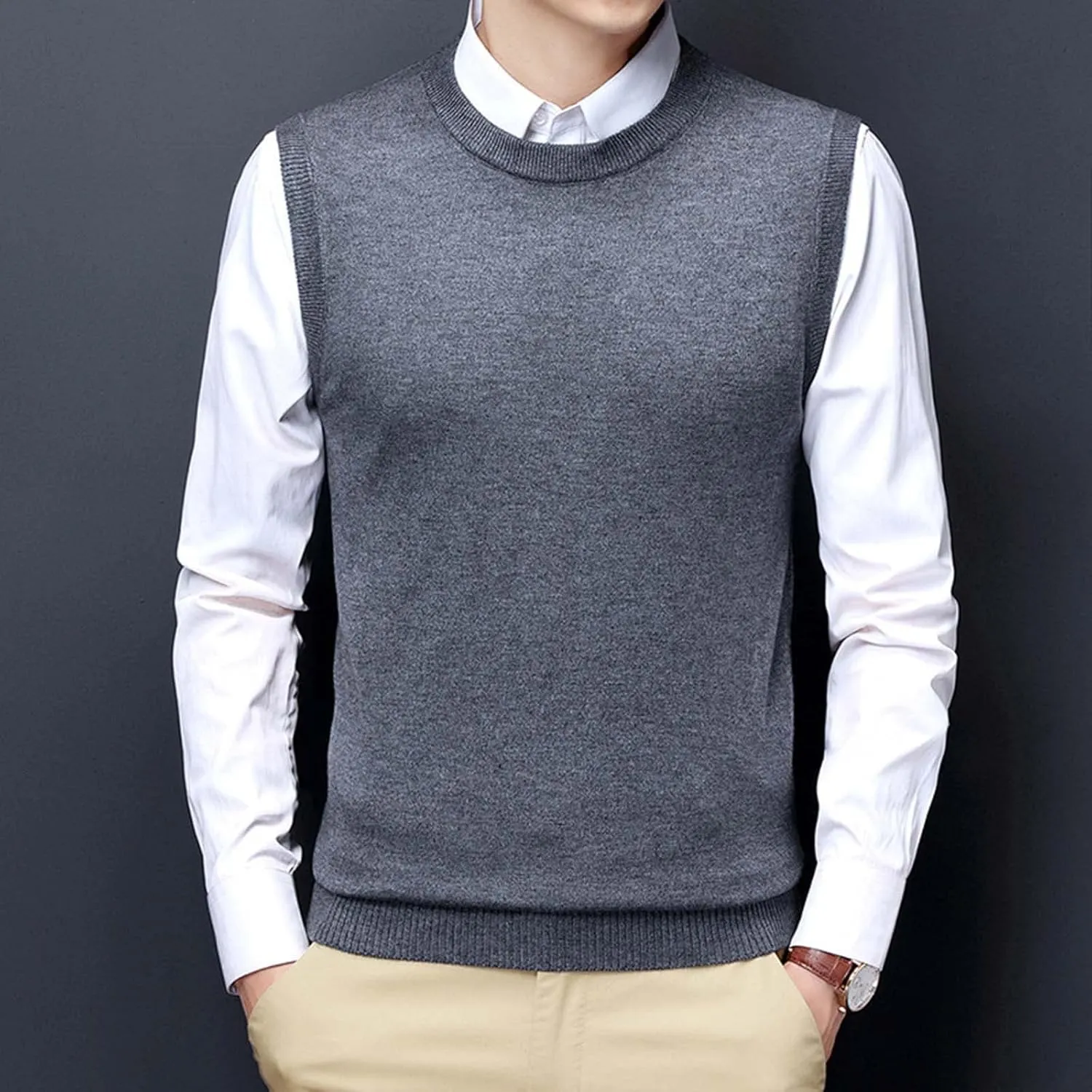 Slim Fit Sweater Vest for Men Sleeveless Crewneck Ribbed Knitted Tops Casual Business Knit Tops Solid Color Jumper
