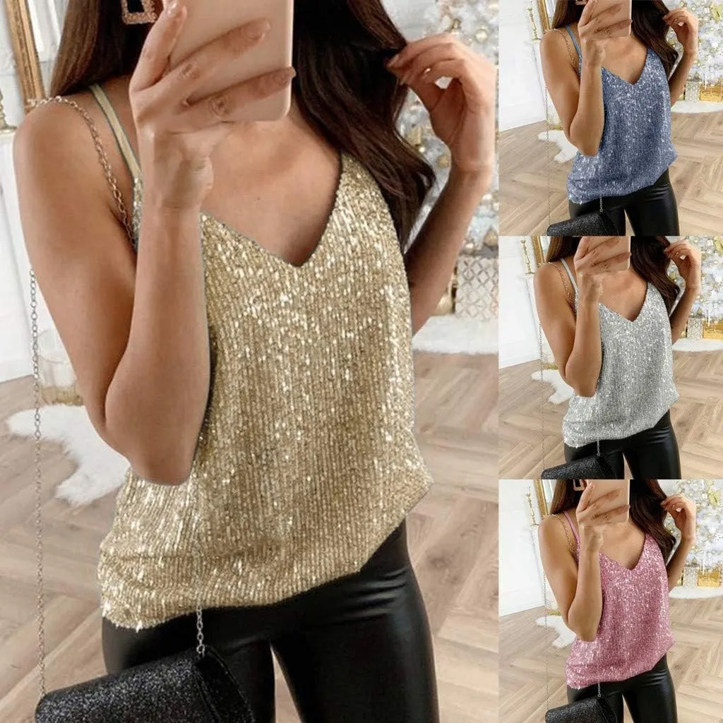 Summer Tank Tops for Women V Neck Sparkle Cami Tops Sleeveless Shirts Blouses Sequin Glitter Strappy Party Club Sexy Camisole