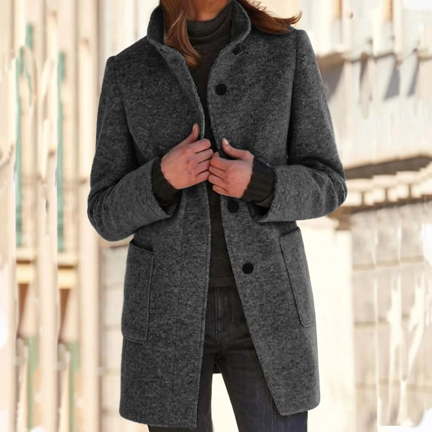 Trench Coat for Women 2024 Long Wool Blend Trench Jacket Button Pea Coat Open Front Woolen Coats Trendy Outwear Pocket