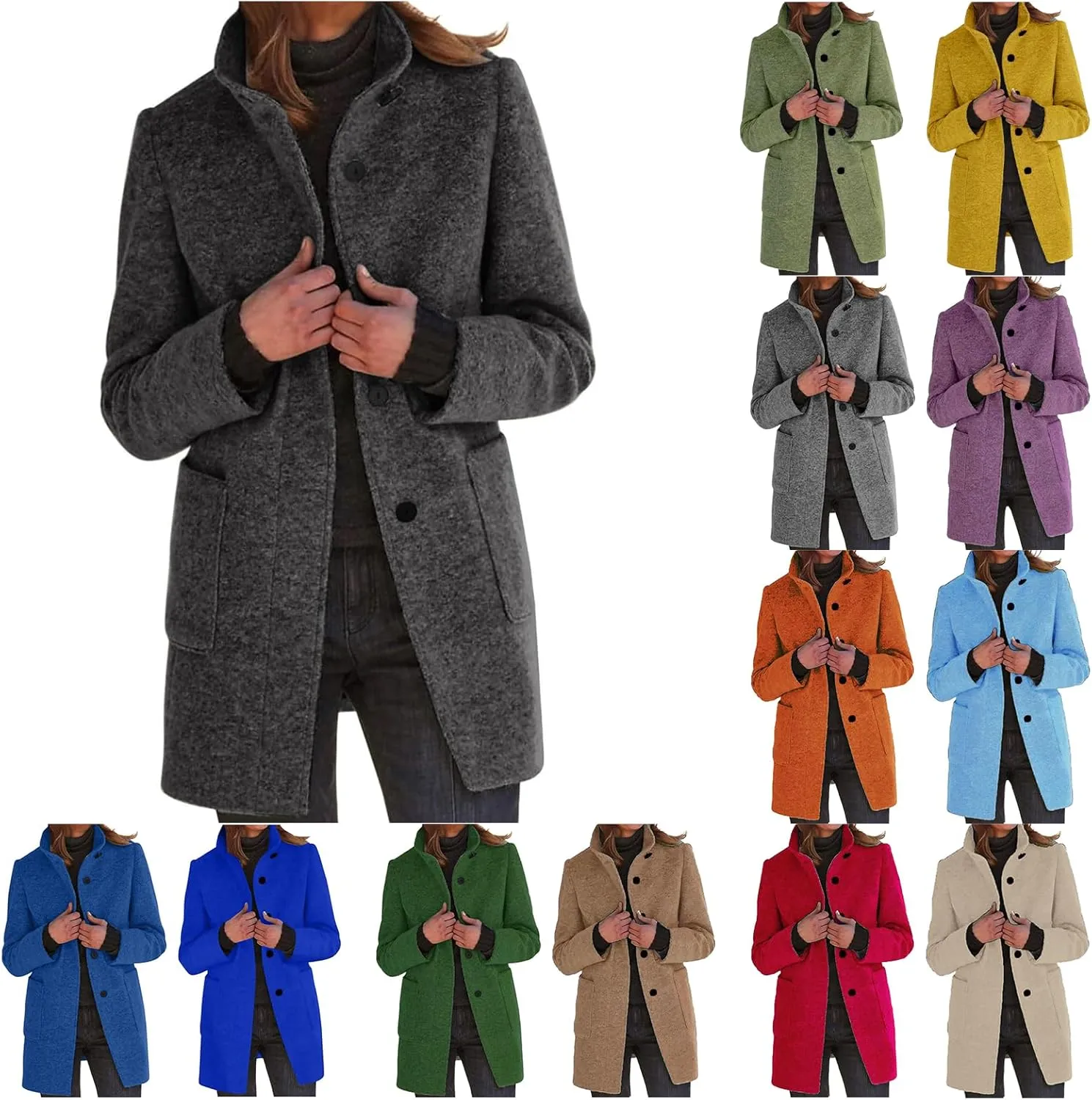 Trench Coat for Women 2024 Long Wool Blend Trench Jacket Button Pea Coat Open Front Woolen Coats Trendy Outwear Pocket