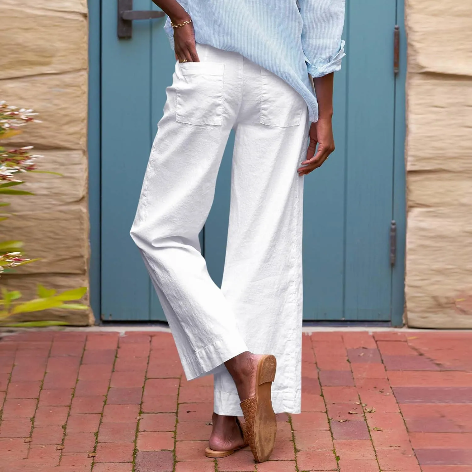 Wide Leg Cropped Pants for Women Elastic High Waist Wide Leg Linen Pants Summer Business Casual Pants with Pockets