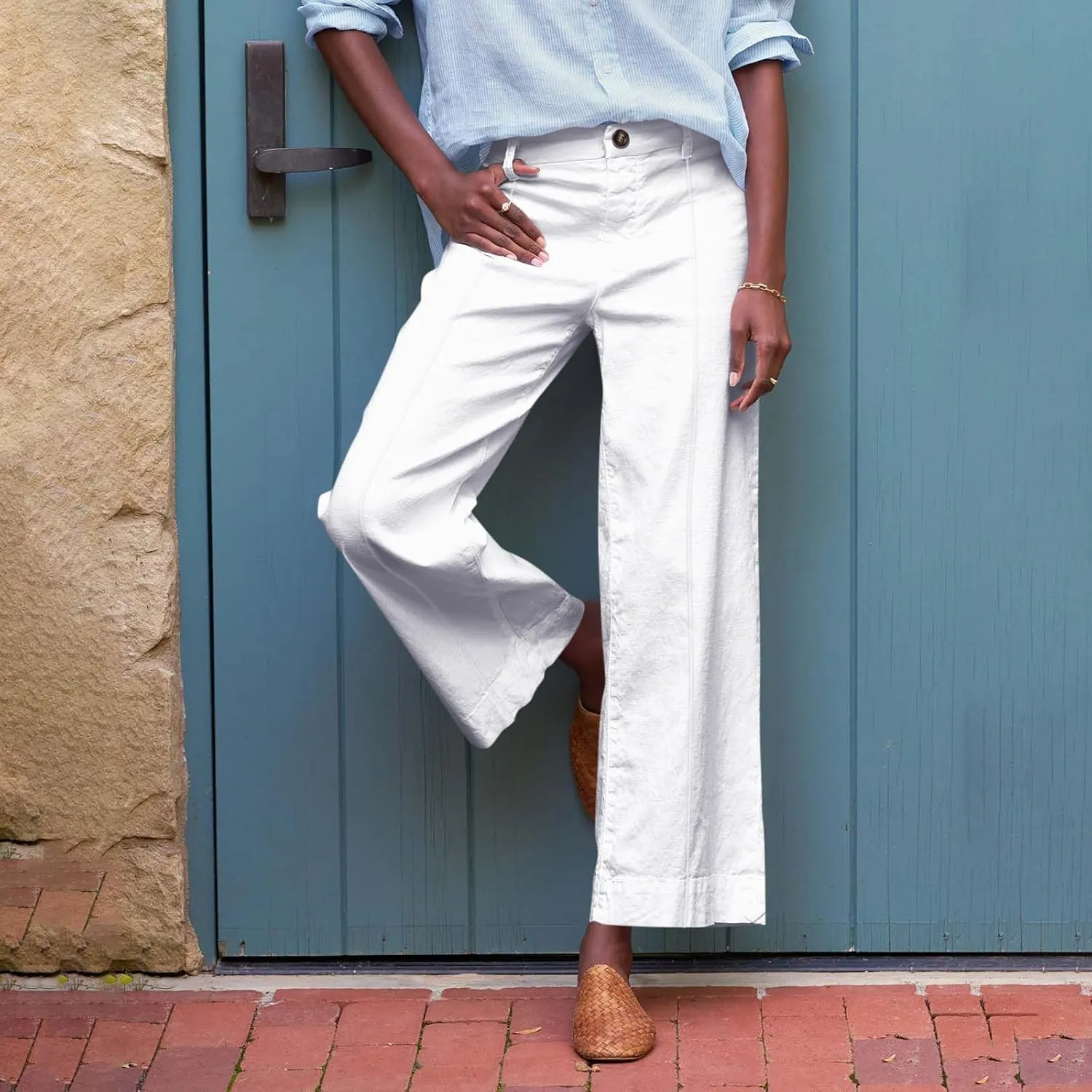 Wide Leg Cropped Pants for Women Elastic High Waist Wide Leg Linen Pants Summer Business Casual Pants with Pockets