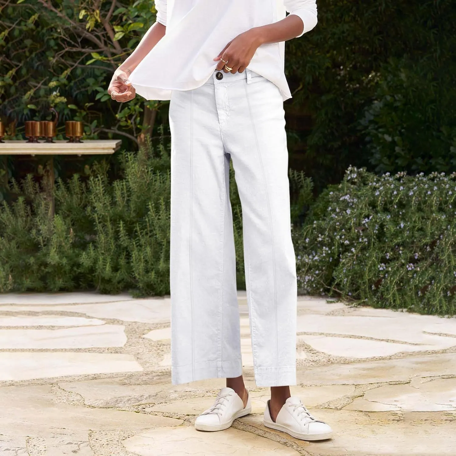 Wide Leg Cropped Pants for Women Elastic High Waist Wide Leg Linen Pants Summer Business Casual Pants with Pockets