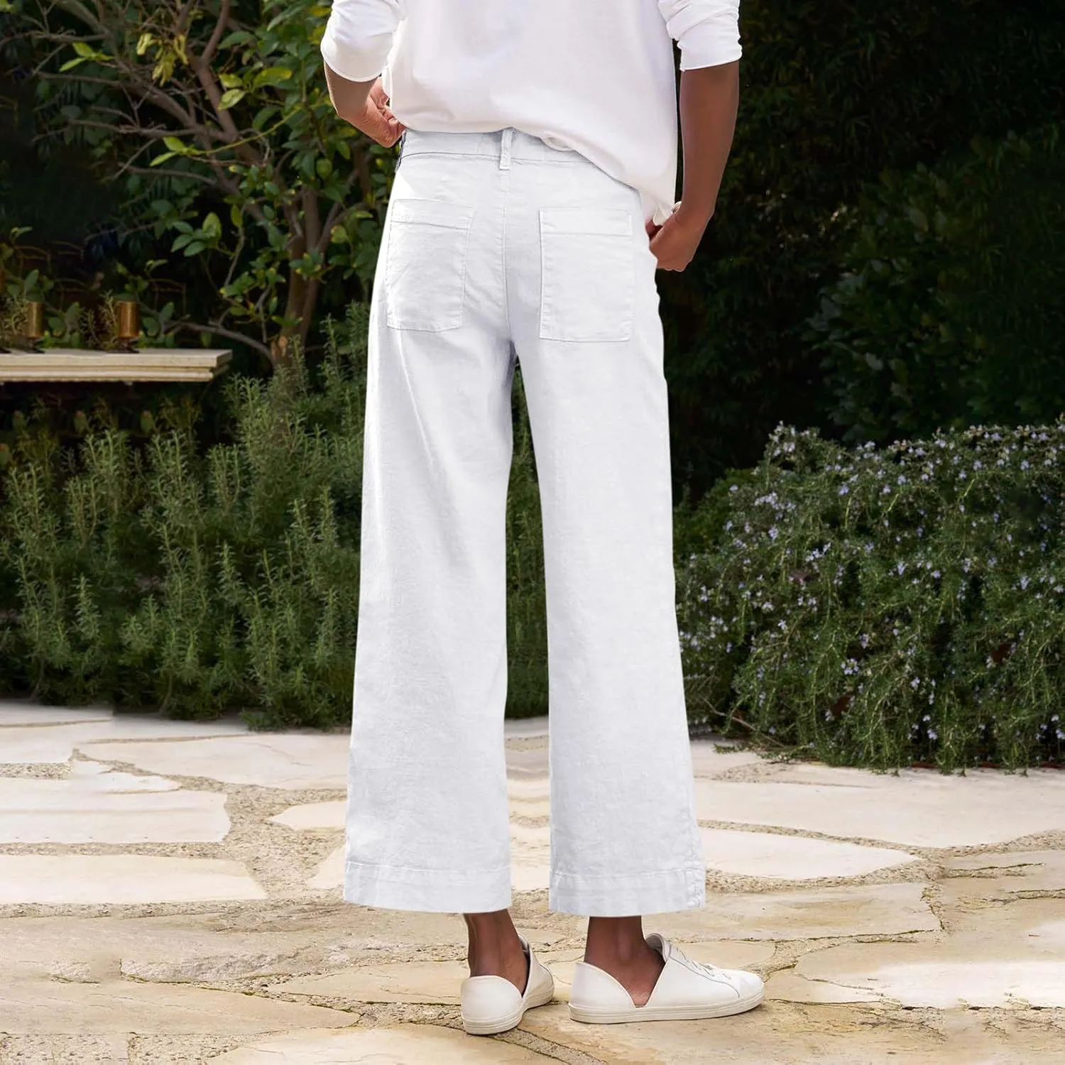 Wide Leg Cropped Pants for Women Elastic High Waist Wide Leg Linen Pants Summer Business Casual Pants with Pockets