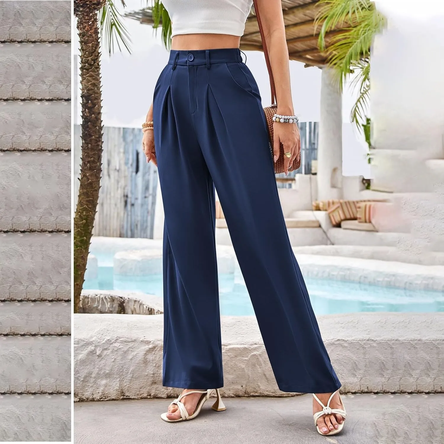 Wide Leg Dress Pants Women High Waisted Stretchy Pull On Work Pants Business Casual Office Slacks with Pockets