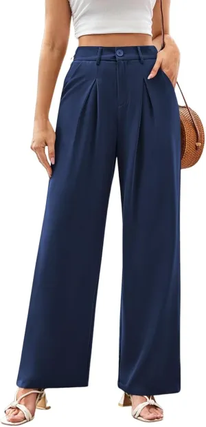 Wide Leg Dress Pants Women High Waisted Stretchy Pull On Work Pants Business Casual Office Slacks with Pockets