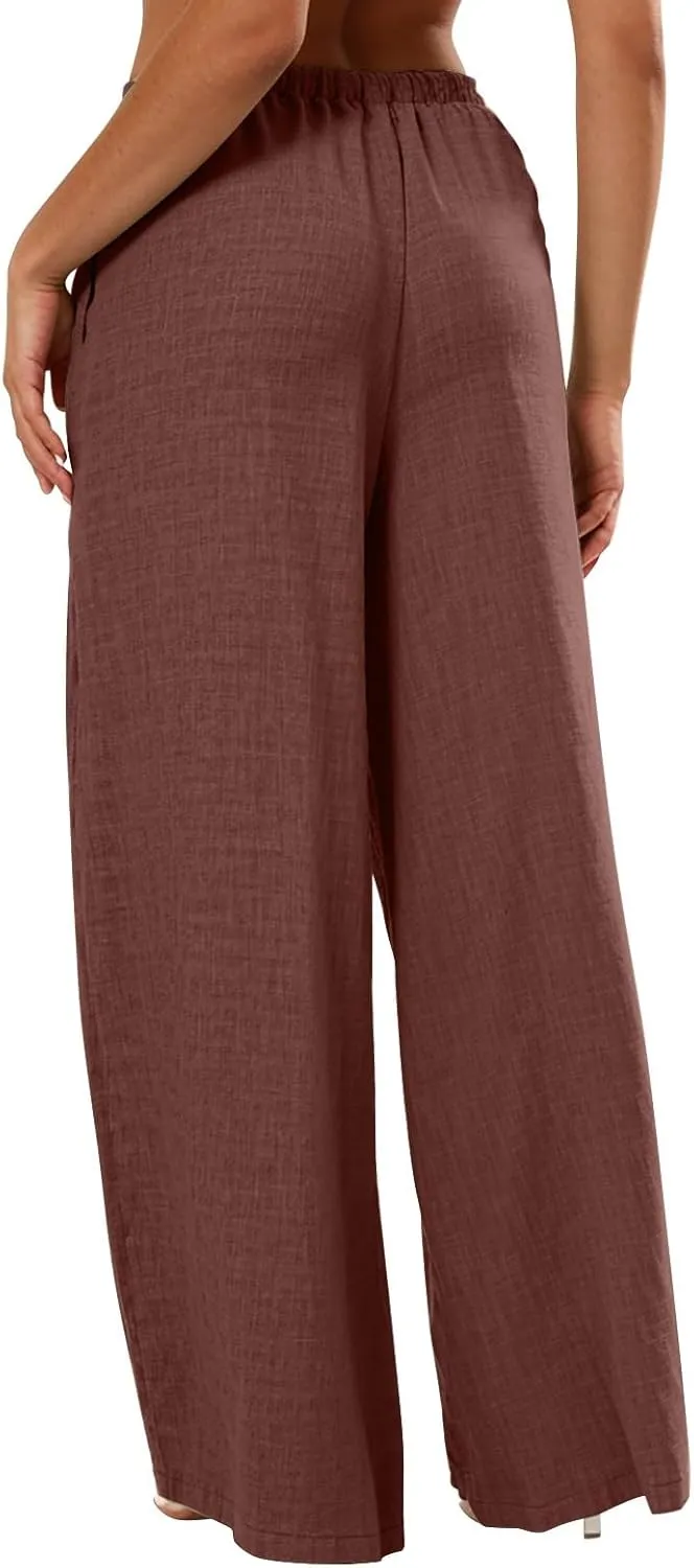 Wide Leg Linen Pants for Women Casual Drawstring Waist Palazzo Pants Lightweight Beach Trousers with Pockets