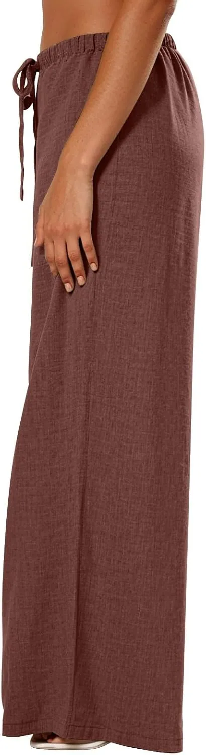 Wide Leg Linen Pants for Women Casual Drawstring Waist Palazzo Pants Lightweight Beach Trousers with Pockets