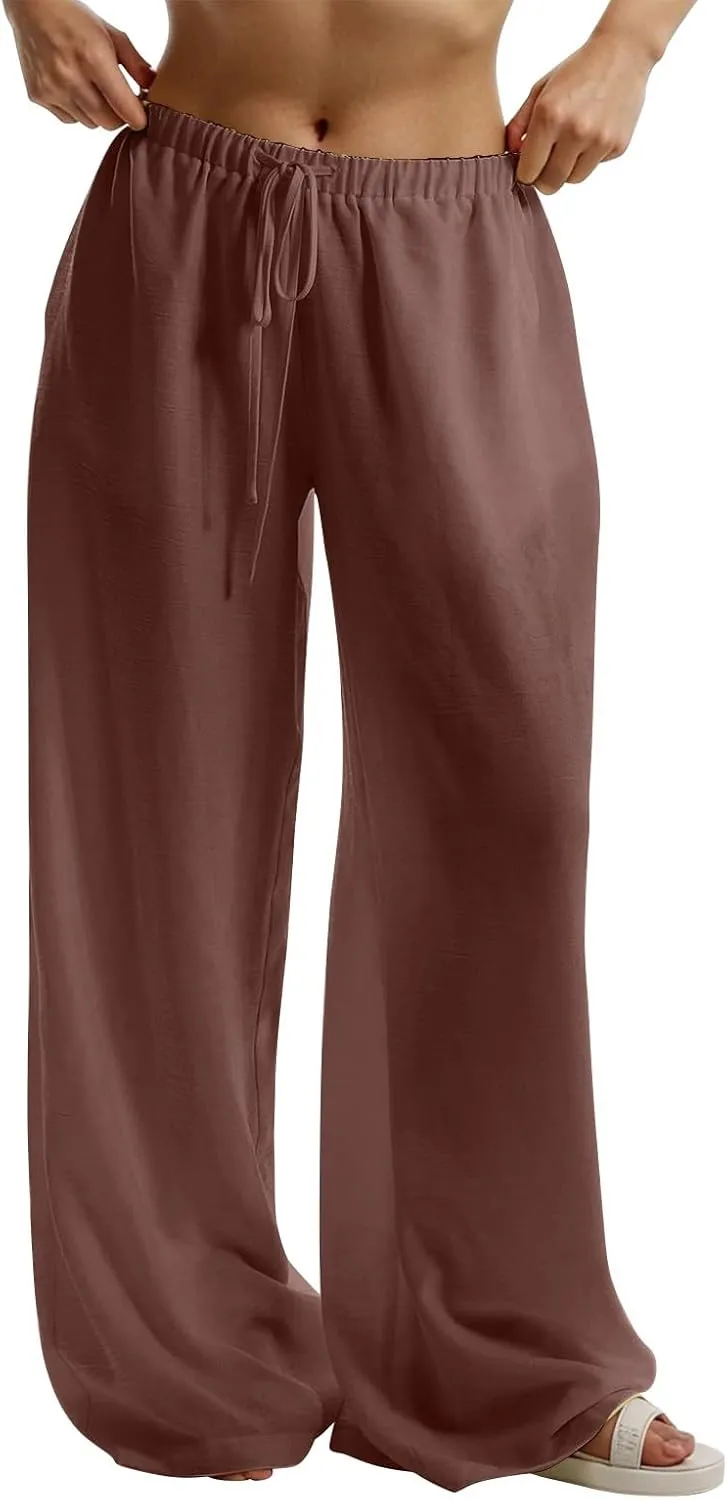 Wide Leg Linen Pants for Women Casual Drawstring Waist Palazzo Pants Lightweight Beach Trousers with Pockets