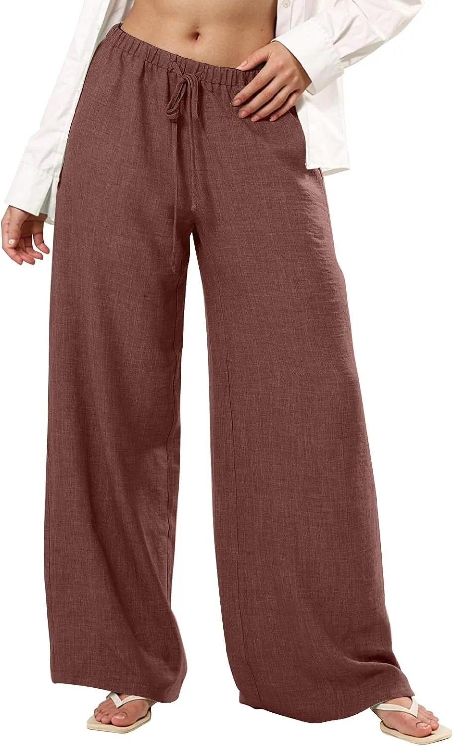 Wide Leg Linen Pants for Women Casual Drawstring Waist Palazzo Pants Lightweight Beach Trousers with Pockets