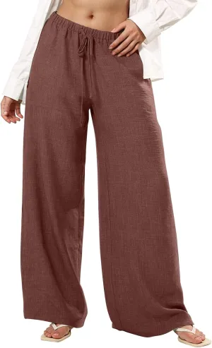 Wide Leg Linen Pants for Women Casual Drawstring Waist Palazzo Pants Lightweight Beach Trousers with Pockets