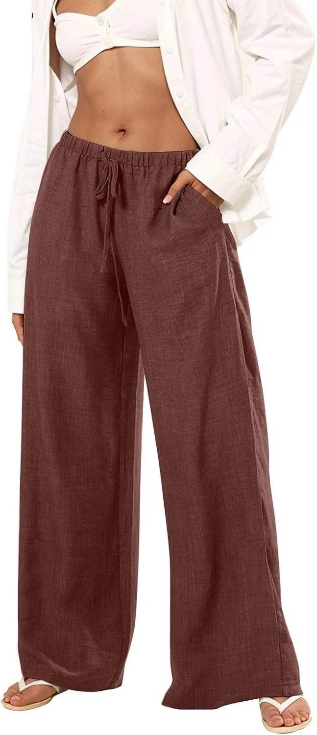 Wide Leg Linen Pants for Women Casual Drawstring Waist Palazzo Pants Lightweight Beach Trousers with Pockets