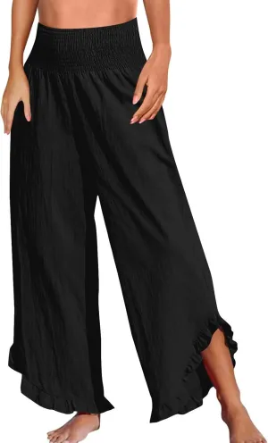 Wide Leg Linen Pants for Women Smocked High Waisted Ruffle Hem Flowy Palazzo Pants Loose Beach Trousers with Pockets