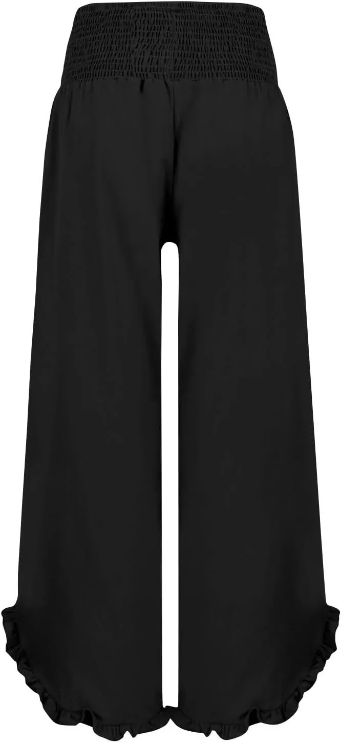 Wide Leg Linen Pants for Women Smocked High Waisted Ruffle Hem Flowy Palazzo Pants Loose Beach Trousers with Pockets