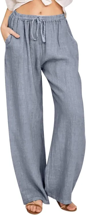Women Fall Pants Linen Trousers Loose Fit Straight Leg Pants Casual Work Pants Drawstring Lounge Pants with Pockets