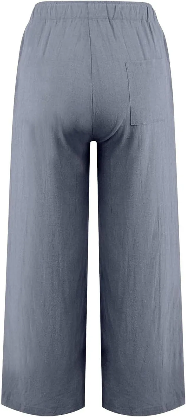Women Fall Pants Linen Trousers Loose Fit Straight Leg Pants Casual Work Pants Drawstring Lounge Pants with Pockets