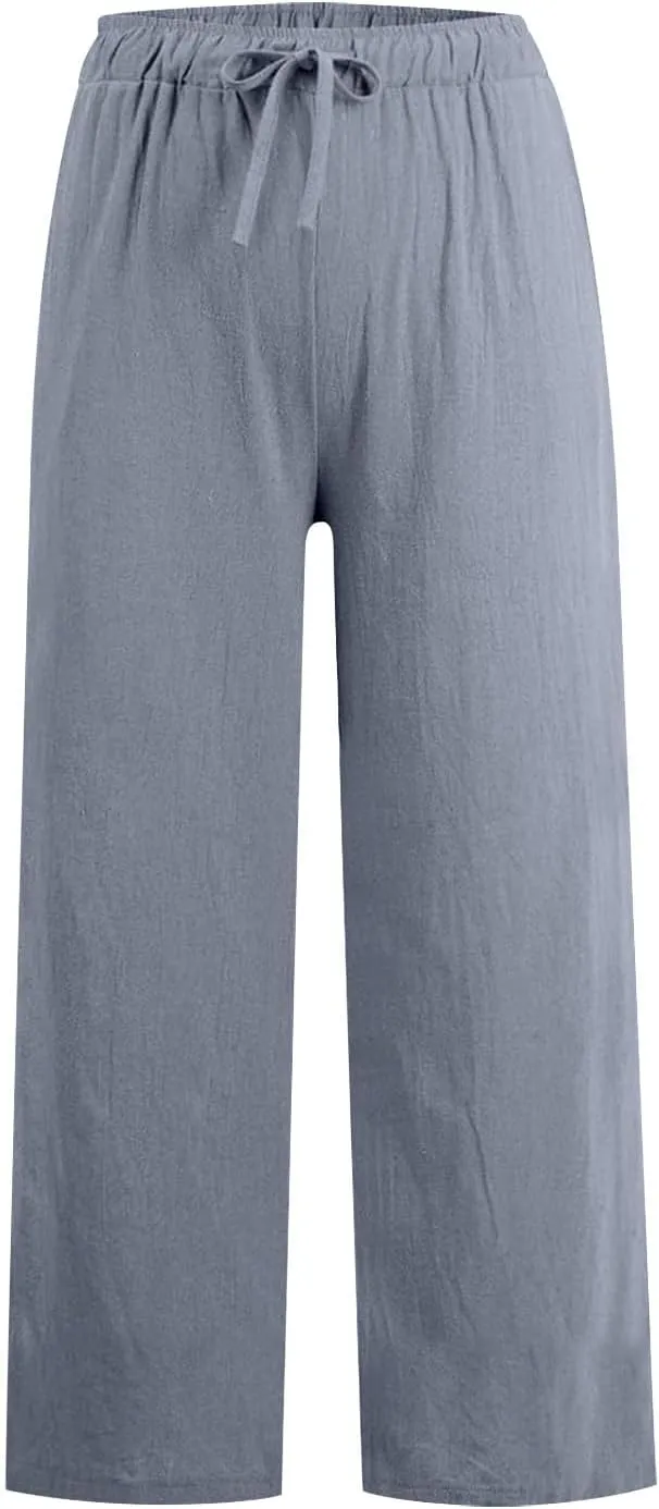 Women Fall Pants Linen Trousers Loose Fit Straight Leg Pants Casual Work Pants Drawstring Lounge Pants with Pockets