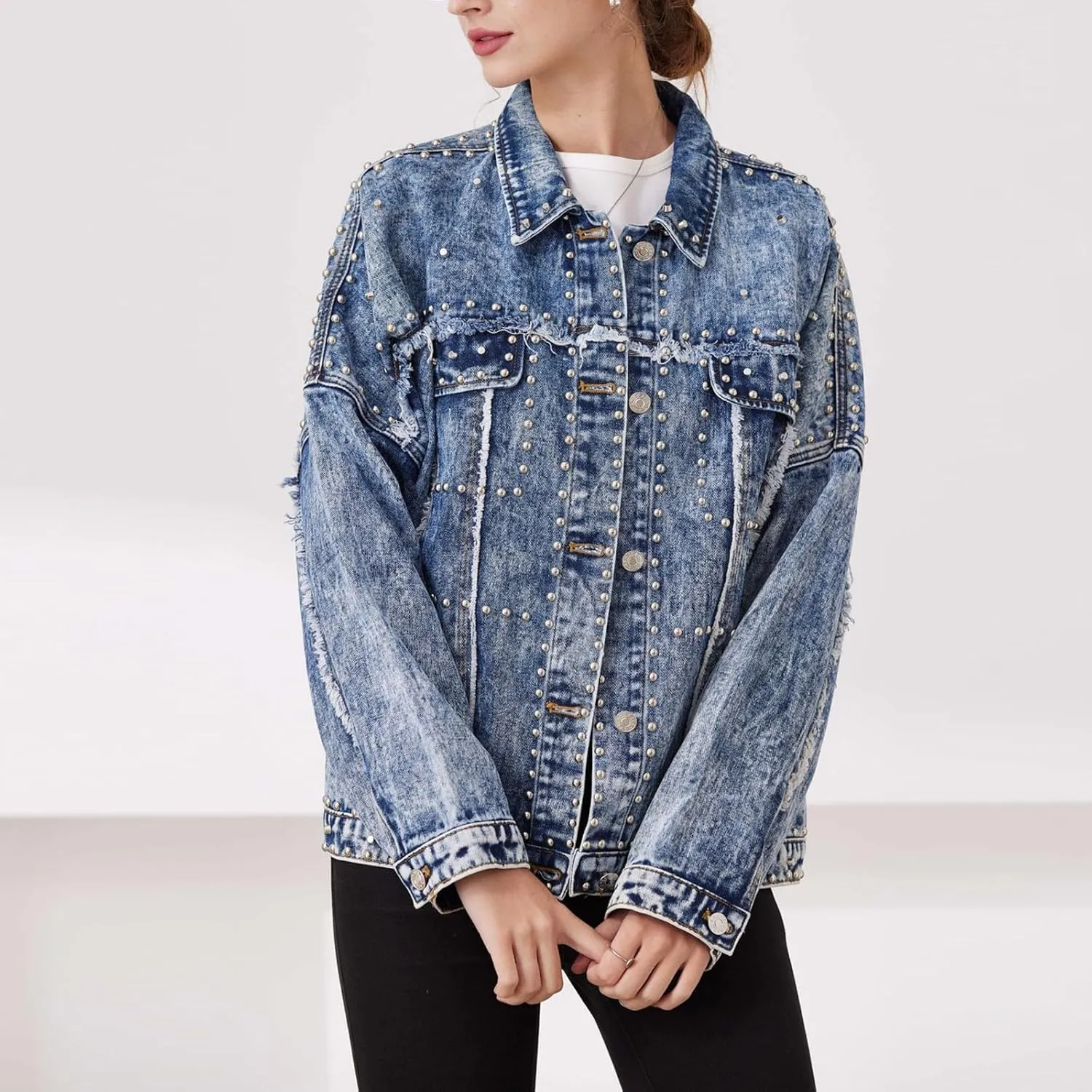 Women's Long Jean Jacket Colorblock Long Sleeve Notched Collar Coat Mid Length Button Down Denim Outwear